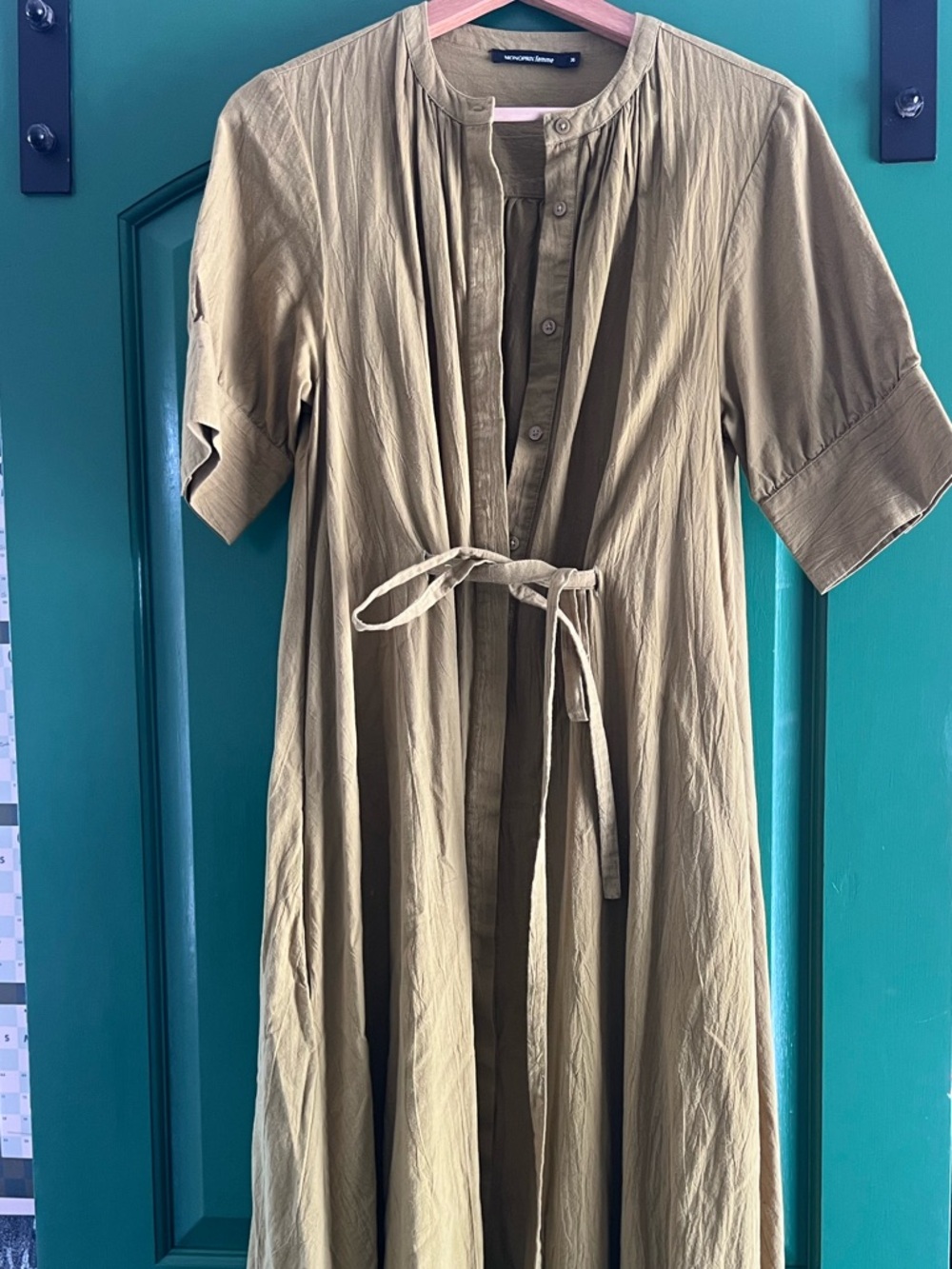 MONOPRIX femme Olive Green Button-Front Midi Dress with Inner Tie Waist size S